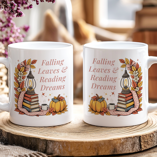 "Falling Leaves & Reading Dreams" – Cozy Autumn Book Lover Coffee Cup