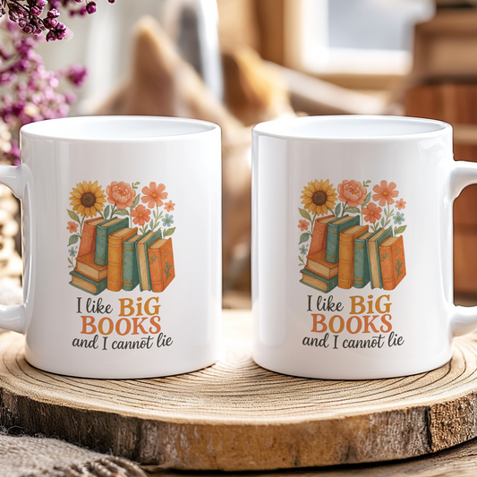 Two mugs with book-themed design and text on a wooden coaster.