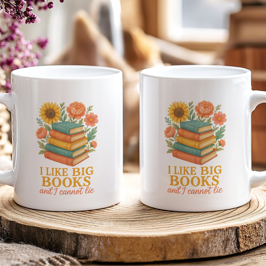 Two mugs with book-themed design and text on a wooden coaster.