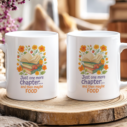 Two white mugs with a book-themed design and text on a wooden coaster.