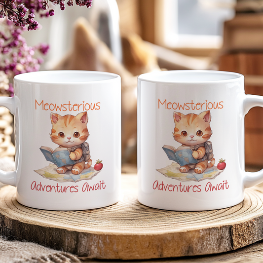 Two white mugs with a cat illustration and text on a wooden coaster.