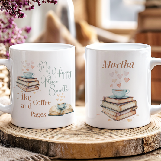 Two white mugs with personalized designs on a wooden coaster.