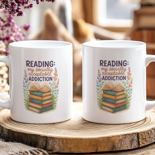 Two mugs with a book-themed design on a wooden coaster.