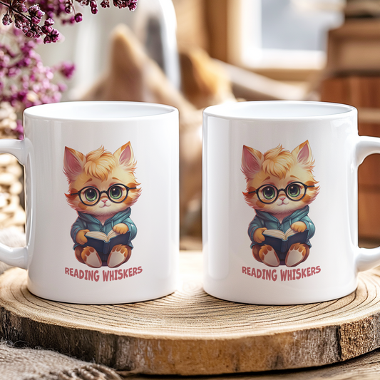 Two mugs with a cat illustration and 'Reading Whiskers' text on a wooden coaster.