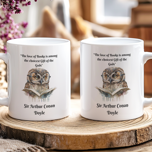 Two white mugs with owl illustrations and text on a wooden coaster.