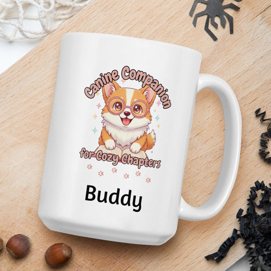 White mug with a dog illustration and text on a wooden board with nuts and spider decorations.