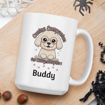 White mug with a dog illustration and text on a wooden board with nuts and spider decorations.